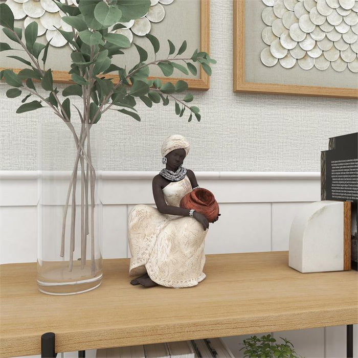 CREAM POLYSTONE WOMAN SITTING AFRICAN SCULPTURE WITH RED WATER POT
