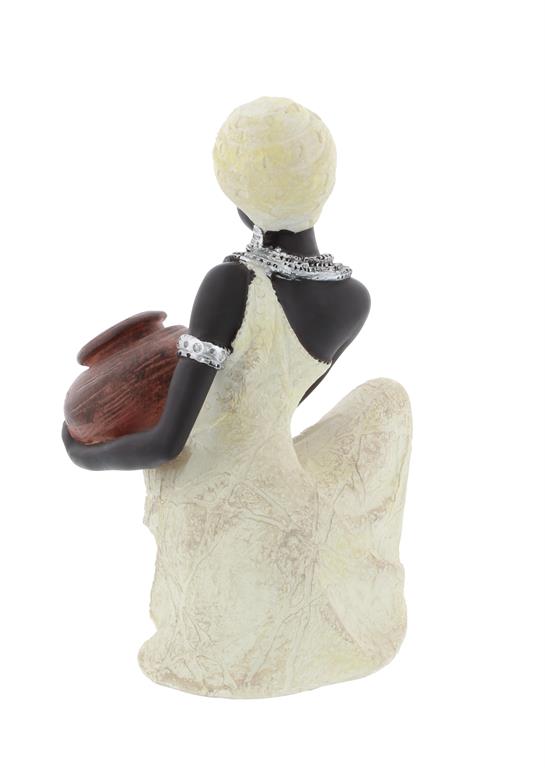 CREAM POLYSTONE WOMAN SITTING AFRICAN SCULPTURE WITH RED WATER POT