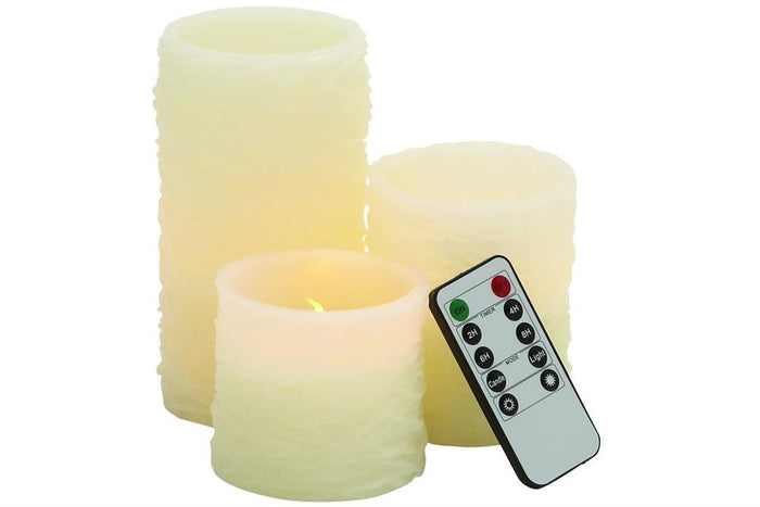 CREAM WAX TEXTURED FLAMELESS CANDLE WITH REMOTE CONTROL, SET OF 3