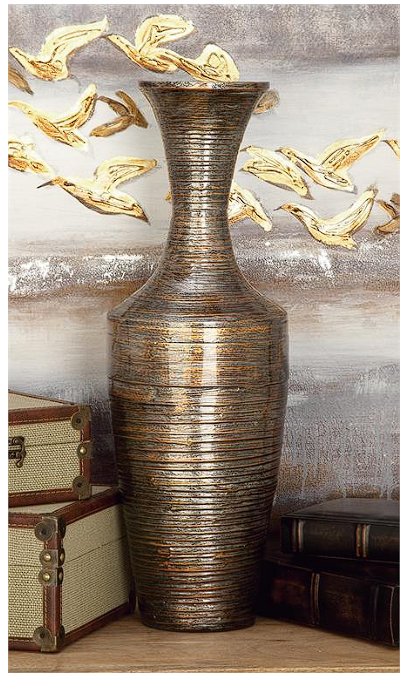 DARK BROWN BAMBOO TALL FLOOR VASE WITH LACQUER, 8" X 8" X 23"