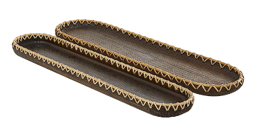 DARK BROWN WOOD HANDMADE NESTING TRAY WITH HAND SEWN SEAGRASS ACCENTS