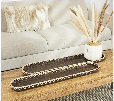 DARK BROWN WOOD HANDMADE NESTING TRAY WITH HAND SEWN SEAGRASS ACCENTS