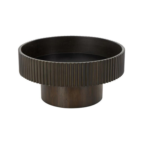 Dark Brown Wood Ribbed Large Decorative Bowl with Elevated Base