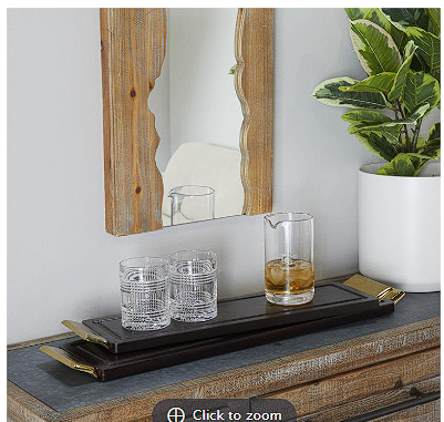 DARK BROWN WOOD TRAY WITH GOLD METAL HANDLES