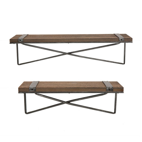 Farmhouse Rustic Metal Wooden Wall Mounted Shelves, Set of 2