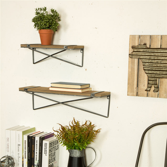 Farmhouse Rustic Metal Wooden Wall Mounted Shelves, Set of 2