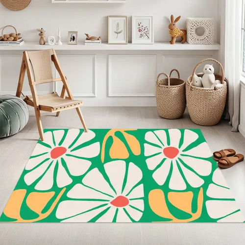 Floral Green White Yellow Midcentury Rug – No Tassels Retro 70s Home Decor - retro rug