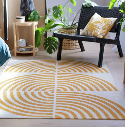 Global Swirl Yellow Cotton Rug 120x170cm | Modern Living Room Floor Rug Carpet
