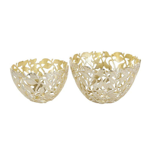 Gold Aluminum Metal Leaf Large Decorative Bowl with White Detailing