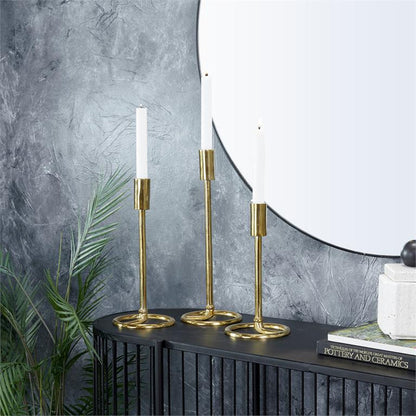 GOLD ALUMINUM TAPERED CANDLE HOLDER WITH RING BASES
