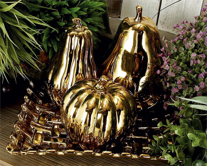 GOLD CERAMIC FRUIT DECORATIVE SCULPTURE WITH PLATE