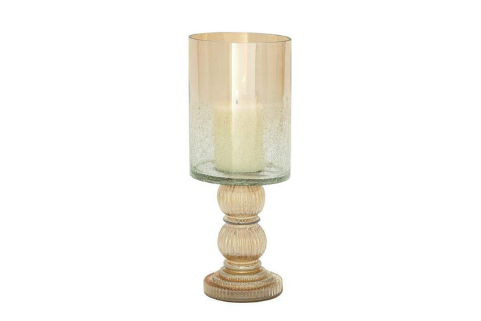 GOLD GLASS HANDMADE TURNED STYLE PILLAR HURRICANE LAMP WITH FAUX MERCURY GLASS FINISH,