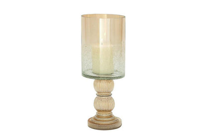 GOLD GLASS HANDMADE TURNED STYLE PILLAR HURRICANE LAMP WITH FAUX MERCURY GLASS FINISH,