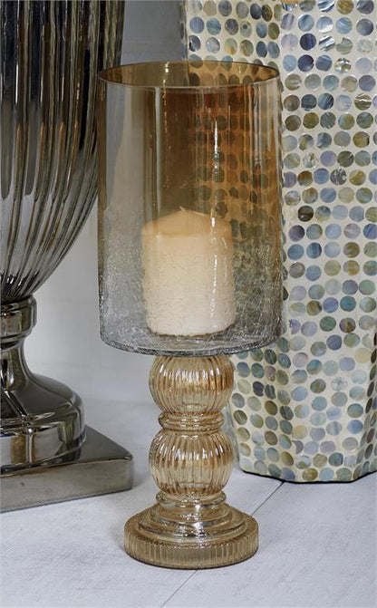GOLD GLASS HANDMADE TURNED STYLE PILLAR HURRICANE LAMP WITH FAUX MERCURY GLASS FINISH,