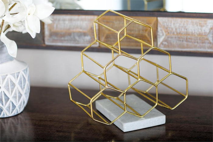 GOLD MARBLE 6 BOTTLE WINE RACK WITH MARBLE BASE