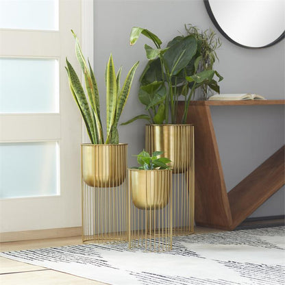 GOLD METAL DEEP RECESSED DOME PLANTER WITH ELEVATED CAGED STAND