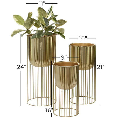 GOLD METAL DEEP RECESSED DOME PLANTER WITH ELEVATED CAGED STAND