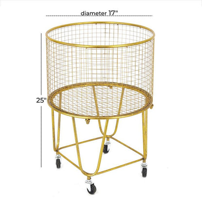 GOLD METAL DEEP SET METAL MESH LAUNDRY BASKET STORAGE CART WITH WHEELS