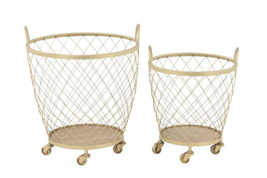 GOLD METAL DEEP SET WIRE BASKET STORAGE CART WITH WHEELS AND HANDLE