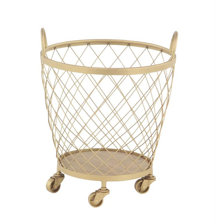 GOLD METAL DEEP SET WIRE BASKET STORAGE CART WITH WHEELS AND HANDLE