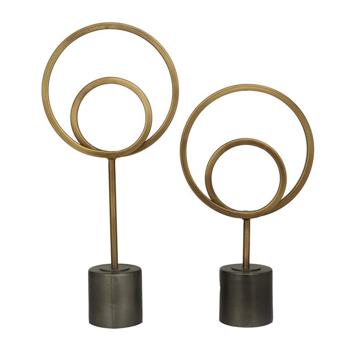 GOLD METAL GEOMETRIC CIRCLE SCULPTURE WITH BLACK BASE,