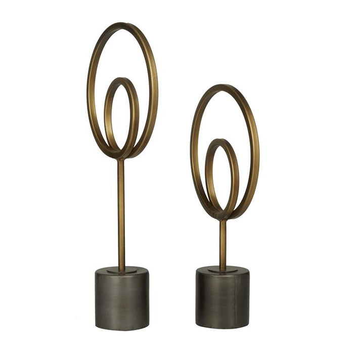 GOLD METAL GEOMETRIC CIRCLE SCULPTURE WITH BLACK BASE,