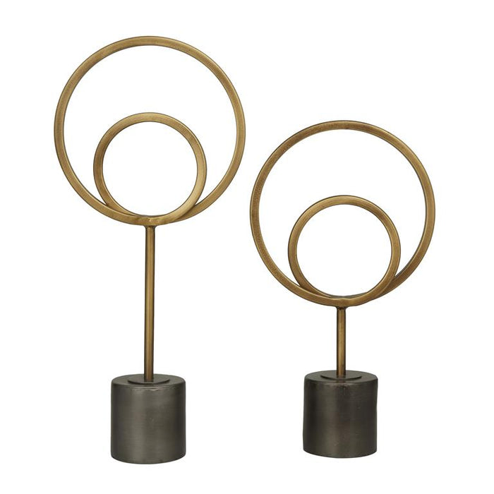 GOLD METAL GEOMETRIC CIRCLE SCULPTURE WITH BLACK BASE,