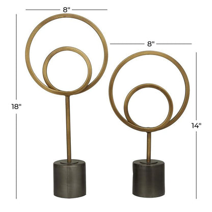GOLD METAL GEOMETRIC CIRCLE SCULPTURE WITH BLACK BASE,
