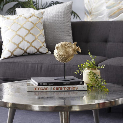 GOLD POLYRESIN BLOWFISH HANDMADE SPIKED SCULPTURE WITH STAND,