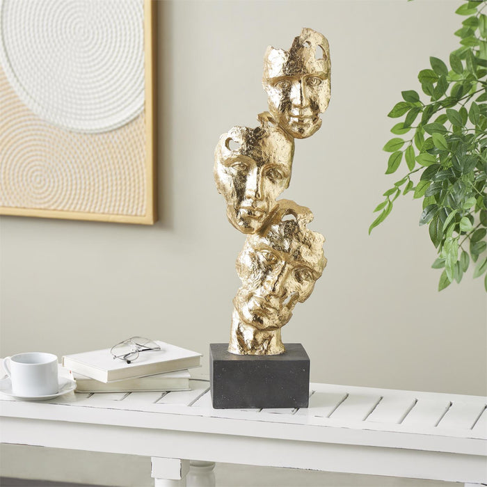 Gold Polystone Mask Stacked Face Cutout Decorative Sculpture with Black Block Base