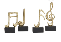 GOLD RESIN MUSICAL NOTES SCULPTURE WITH BLACK BASE, SET OF 4 9, 7, 7, 6"H