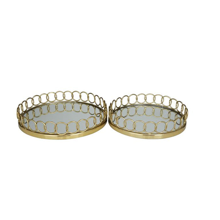 GOLD STAINLESS STEEL MIRRORED TRAY WITH CIRCLE PATTERNED SIDES