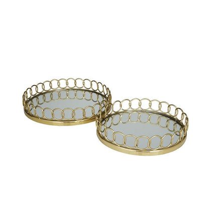 GOLD STAINLESS STEEL MIRRORED TRAY WITH CIRCLE PATTERNED SIDES