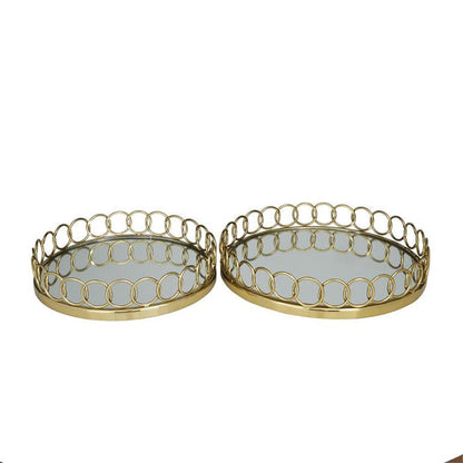 GOLD STAINLESS STEEL MIRRORED TRAY WITH CIRCLE PATTERNED SIDES