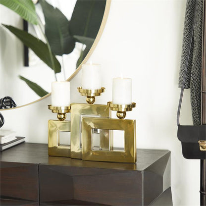 GOLD STAINLESS STEEL PILLAR 3 PLATE CANDLE HOLDER