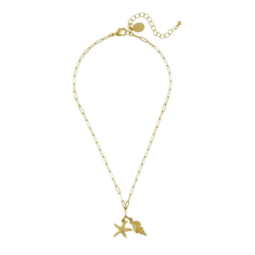 Gold Starfish & Spiral Shell Paperclip Chain Necklace