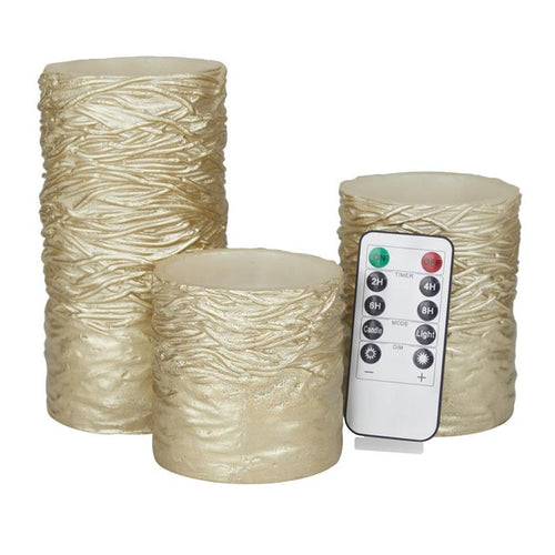 GOLD WAX TEXTURED FLAMELESS CANDLE WITH REMOTE CONTROL, SET OF 3
