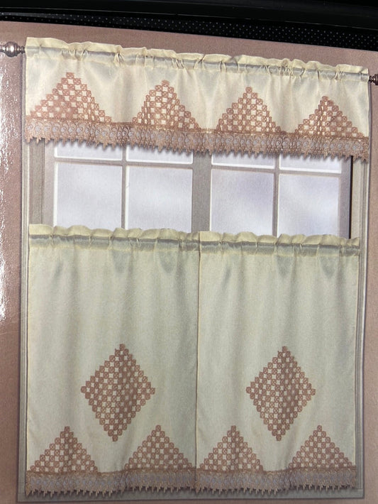 GOLDEN 3pc Embroidery Kitchen Curtain Set
