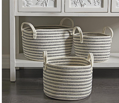 GRAY COTTON HANDMADE STORAGE BASKET WITH HANDLES