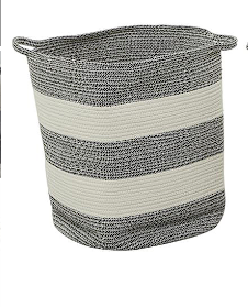 GRAY COTTON HANDMADE STRIPED STORAGE BASKET WITH HANDLES