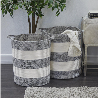 GRAY COTTON HANDMADE STRIPED STORAGE BASKET WITH HANDLES