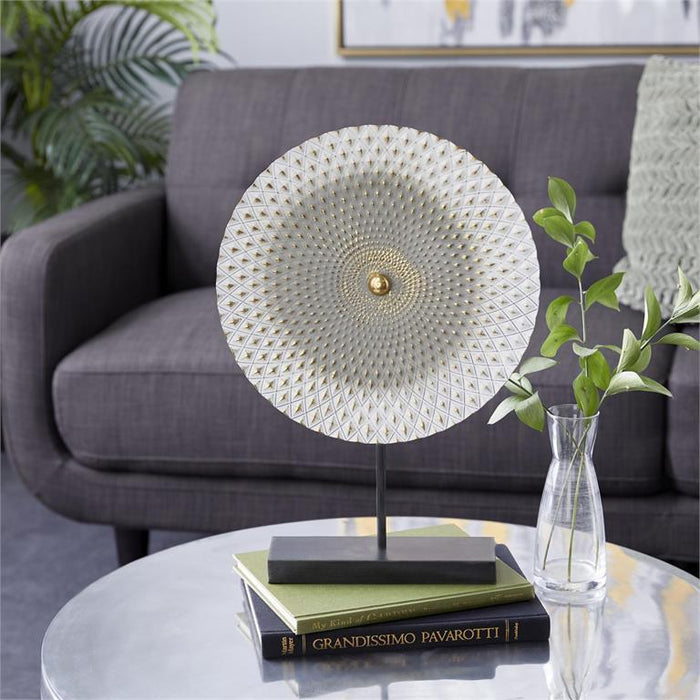 GRAY METAL GEOMETRIC SCULPTURE WITH BLACK BASE,