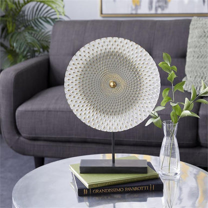 GRAY METAL GEOMETRIC SCULPTURE WITH BLACK BASE,