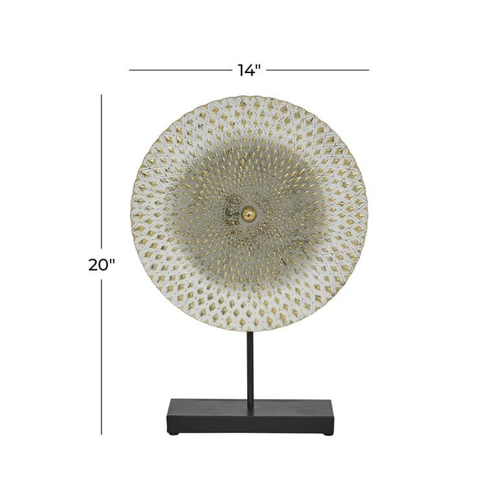 GRAY METAL GEOMETRIC SCULPTURE WITH BLACK BASE,