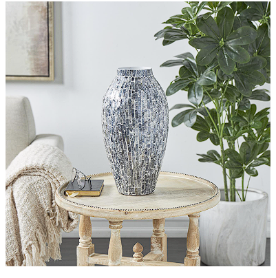 GRAY MOTHER OF PEARL HANDMADE MOSAIC INSPIRED VASE, 8" X 8" X 15"