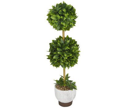 GREEN FAUX FOLIAGE BOXWOOD BALL TOPIARY WITH WHITE CEMENT POT, 9" X 8" X 27