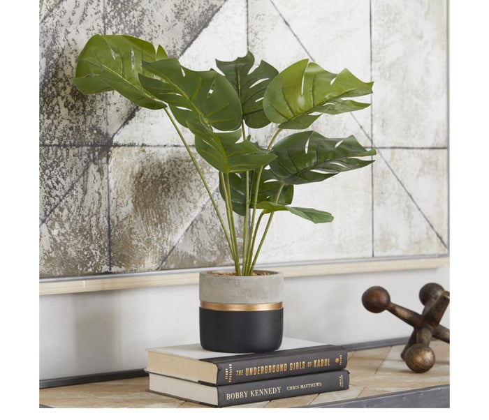 GREEN FAUX FOLIAGE MONSTERA ARTIFICIAL PLANT WITH COLOR BLOCK POT