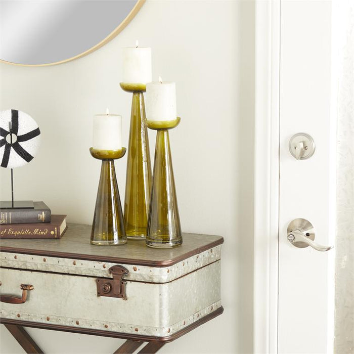 GREEN GLASS PILLAR CANDLE HOLDER, SET OF 3