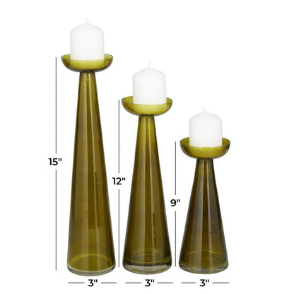 GREEN GLASS PILLAR CANDLE HOLDER, SET OF 3