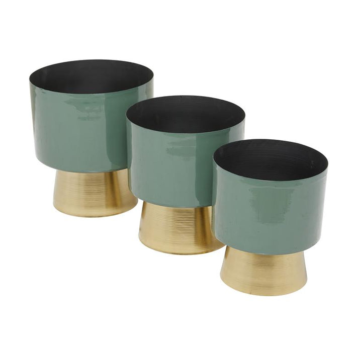 GREEN METAL PLANTER WITH GOLD BASE